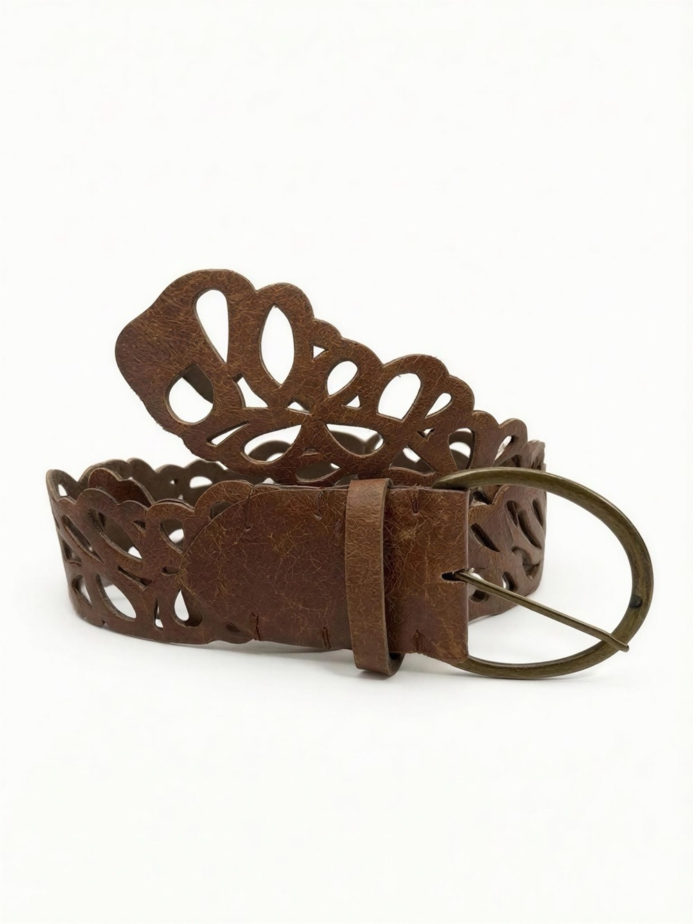 Vintage Brown Boho Cut Out Faux Leather Belt with Brass Buckle -- L